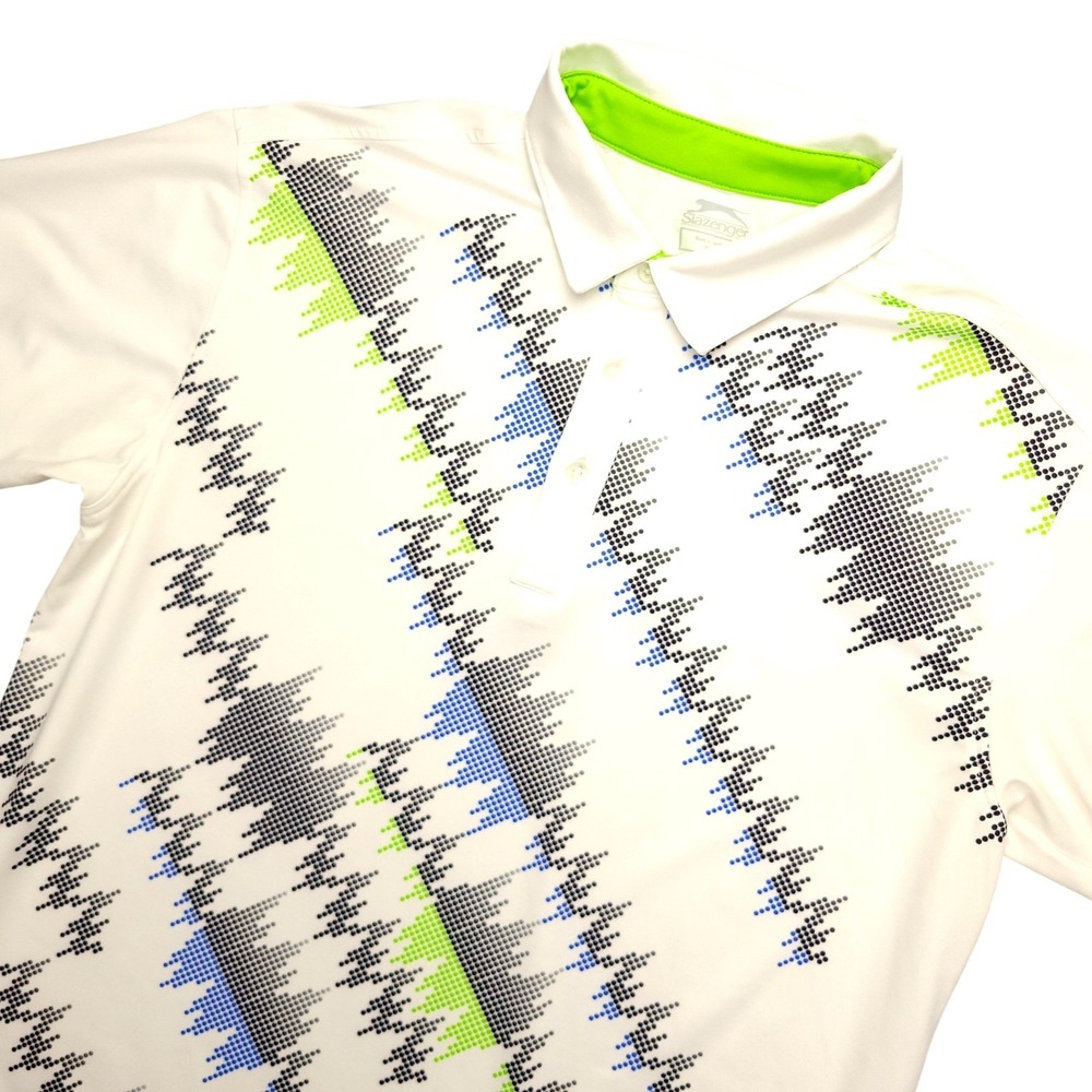 Slazenger Polo Shirt Mens Medium White Geometric Golf Stretch Print Performance